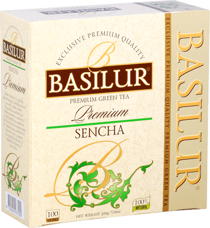 Bok opakowania Basilur Sencha zielona herbata naturalna 100 torebek