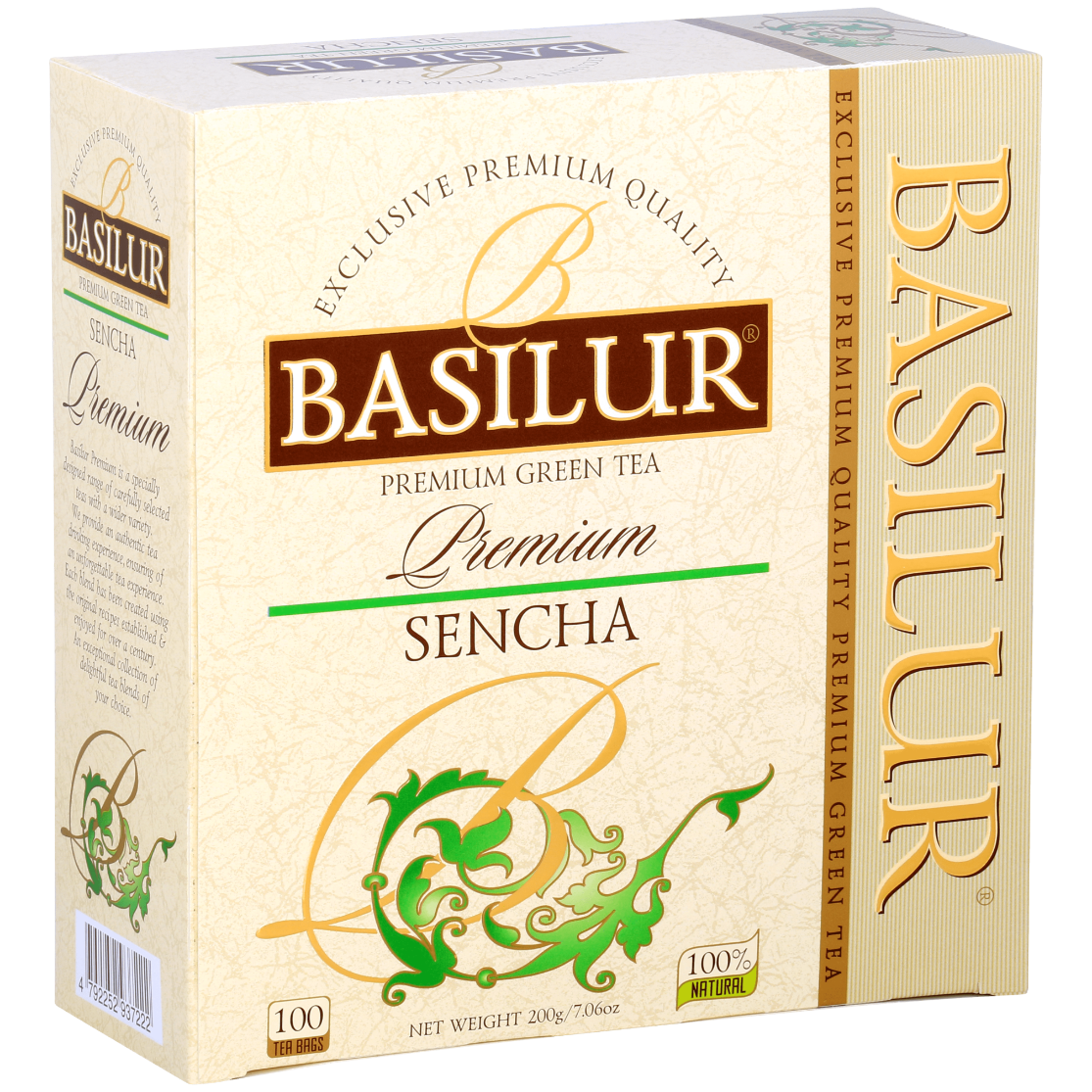 Bok opakowania Basilur Sencha zielona herbata naturalna 100 torebek