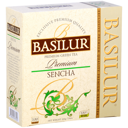 Bok opakowania Basilur Sencha zielona herbata naturalna 100 torebek