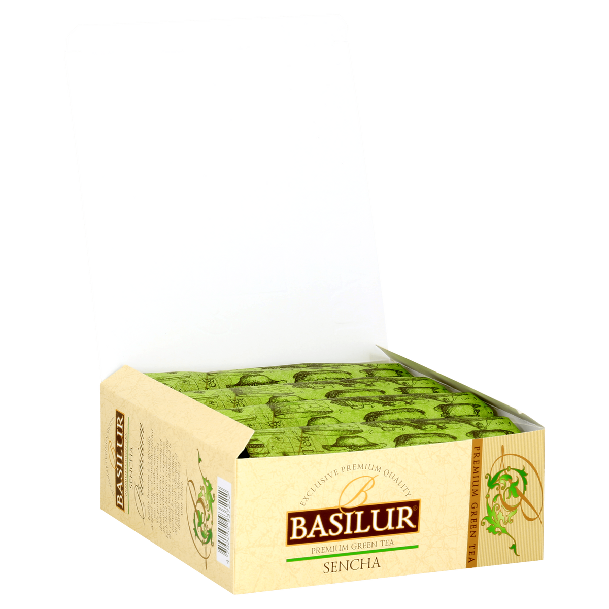 Otwarte pudełko z herbatą Basilur Sencha w torebkach, zielona herbata premium
