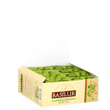 Otwarte pudełko z herbatą Basilur Sencha w torebkach, zielona herbata premium