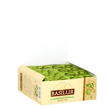 Otwarte pudełko z herbatą Basilur Sencha w torebkach, zielona herbata premium