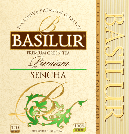 Opakowanie herbaty Basilur Premium Sencha 100 torebek zielonej herbaty wysokiej jakości
