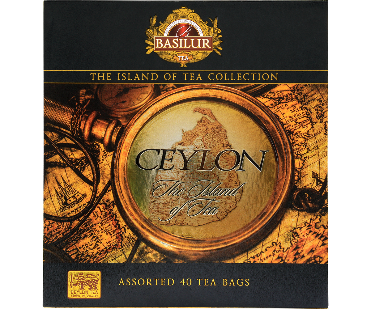 Zestaw herbat Basilur The Island of Tea z motywem mapy Cejlonu.