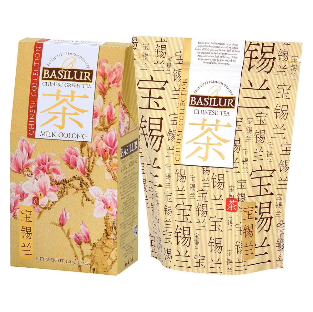 Herbata Basilur Milk Oolong z serii Chinese Collection w eleganckim opakowaniu z motywem magnolii.