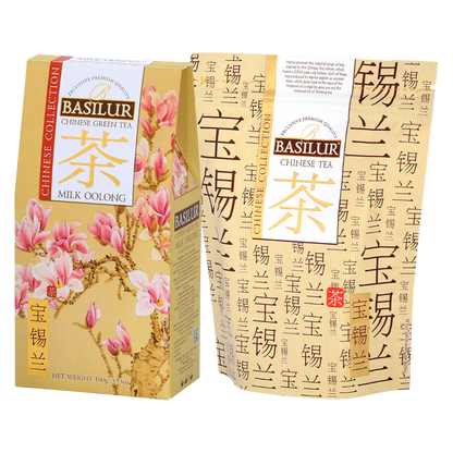 Herbata Basilur Milk Oolong z serii Chinese Collection w eleganckim opakowaniu z motywem magnolii.