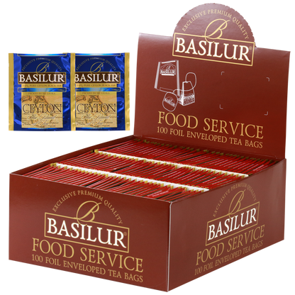 Herbata Basilur High Grown w ekspozytorze typu food service, 100 kopertowanych torebek czarnej herbaty.