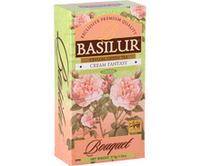Front opakowania Basilur Cream Fantasy z motywem róż i pastelową kolorystyką.