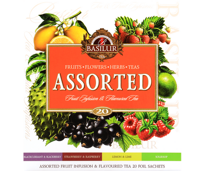 Opakowanie Basilur Fruit Infusions & Magic Fruits z czterema smakami herbat owocowych.