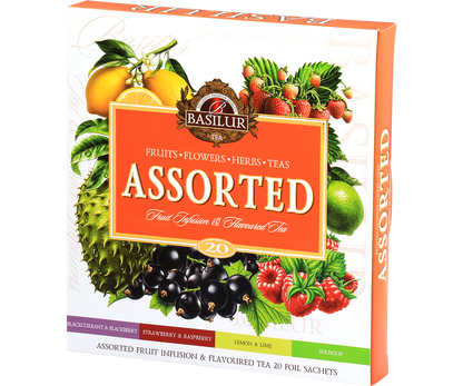 Pudełko Basilur Fruit Infusions & Magic Fruits z 20 saszetkami aromatycznych herbat.