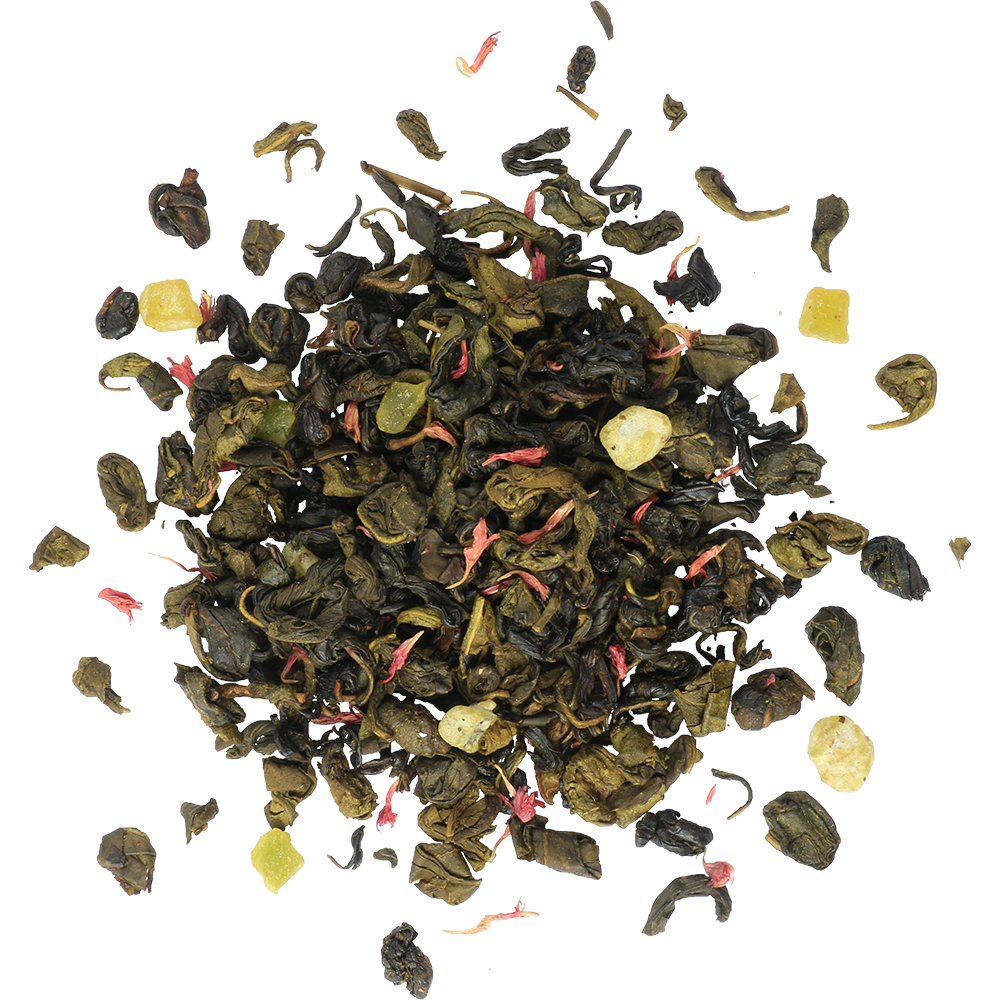 Liście zielonej herbaty Basilur Tea Boulevard 1 z dodatkiem owoców i płatków kwiatów.