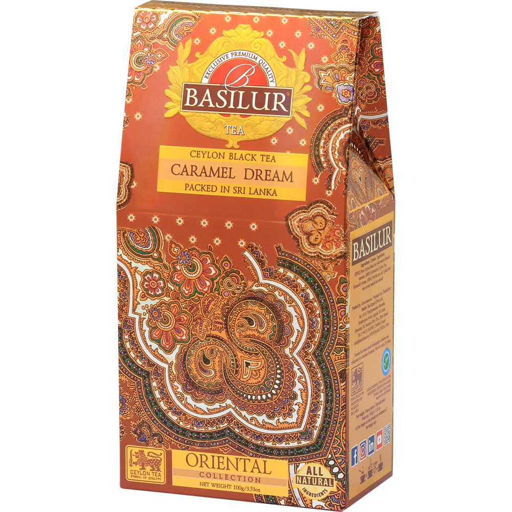 Opakowanie herbaty Basilur Caramel Dream 100 g z orientalnym wzorem – czarna herbata cejlońska o aromacie karmelu.