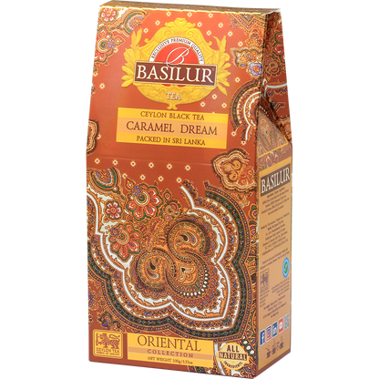 Opakowanie herbaty Basilur Caramel Dream 100 g z orientalnym wzorem – czarna herbata cejlońska o aromacie karmelu.