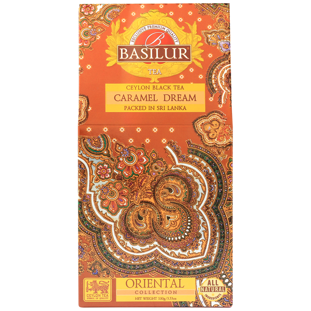 Herbata Basilur Caramel Dream w ozdobnym brązowo-złotym pudełku – elegancka herbata z kolekcji Oriental Collection.