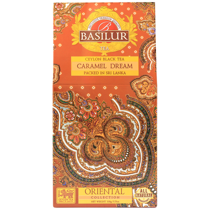 Herbata Basilur Caramel Dream w ozdobnym brązowo-złotym pudełku – elegancka herbata z kolekcji Oriental Collection.