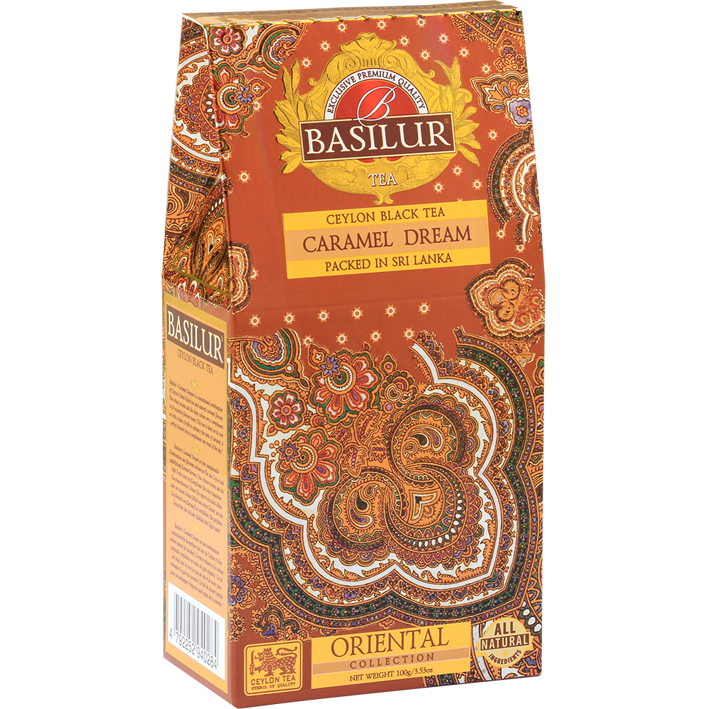 Przód opakowania Basilur Caramel Dream – naturalna czarna herbata Ceylon o słodkim aromacie.