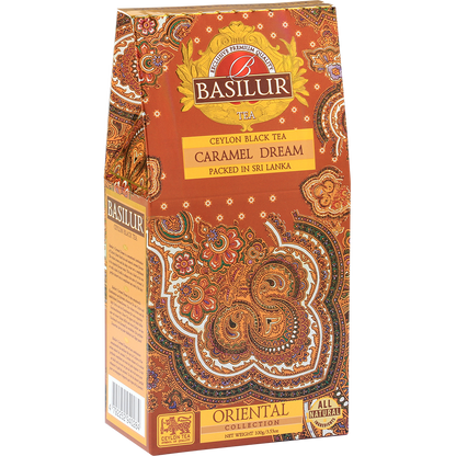 Przód opakowania Basilur Caramel Dream – naturalna czarna herbata Ceylon o słodkim aromacie.