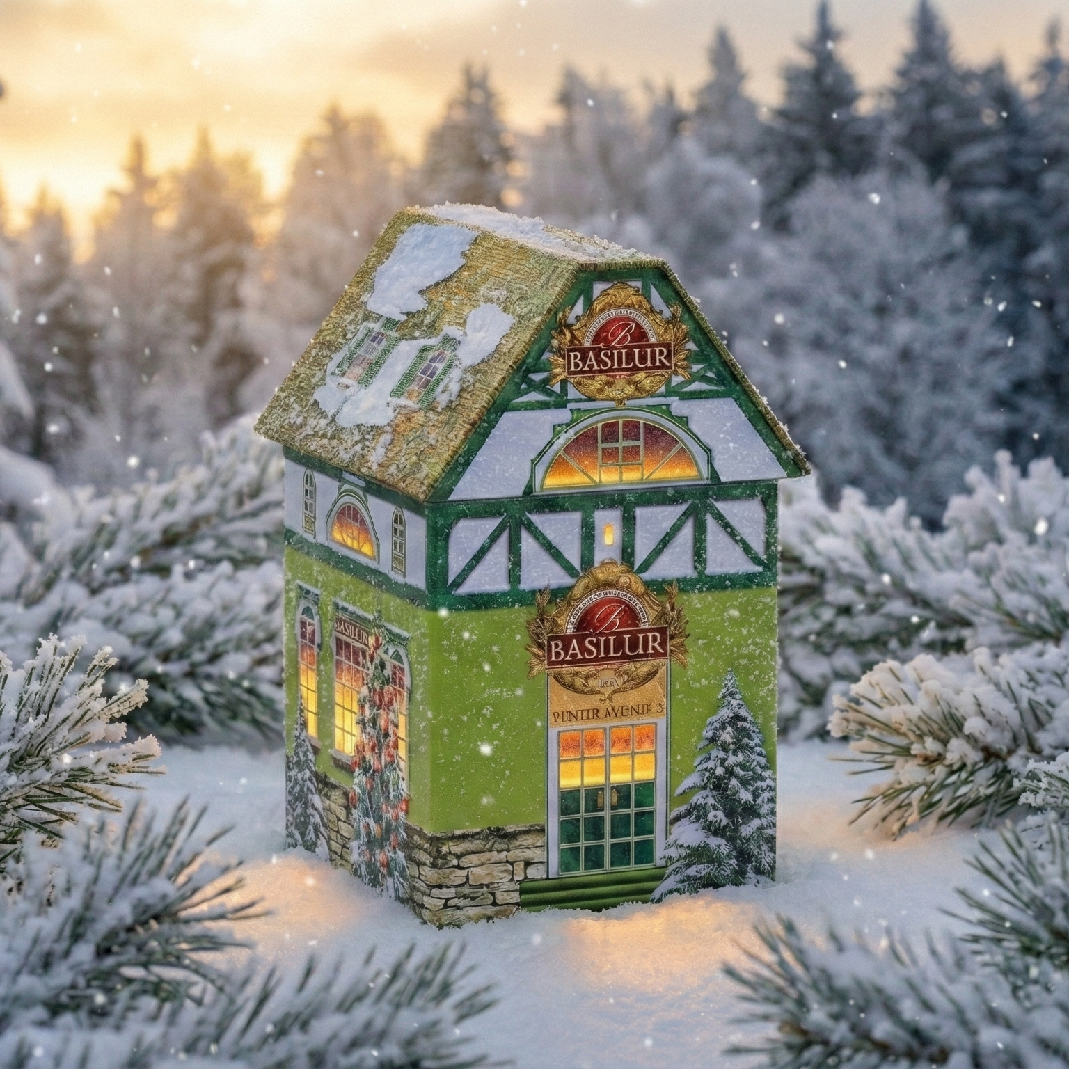 Puszka herbaty Basilur Winter Avenue w kształcie domku, ustawiona w śniegu wśród ośnieżonych gałązek i zimowego lasu