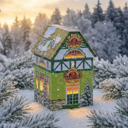 Puszka herbaty Basilur Winter Avenue w kształcie domku, ustawiona w śniegu wśród ośnieżonych gałązek i zimowego lasu