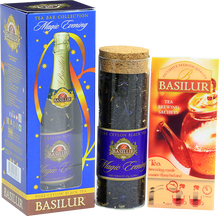 Zestaw Basilur Magic Evening – szklana tuba z czarną herbatą cejlońską i saszetkami do parzenia.