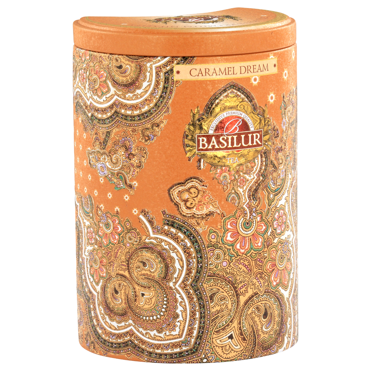 Puszka Basilur Caramel Dream w orientalnym stylu – eleganckie opakowanie herbaty czarnej z nutą karmelu.