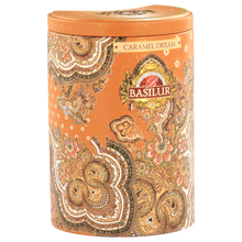 Puszka Basilur Caramel Dream w orientalnym stylu – eleganckie opakowanie herbaty czarnej z nutą karmelu.