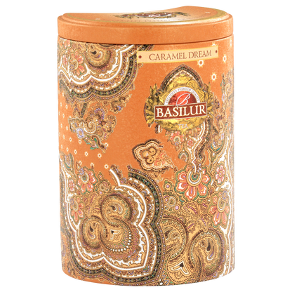 Puszka Basilur Caramel Dream w orientalnym stylu – eleganckie opakowanie herbaty czarnej z nutą karmelu.