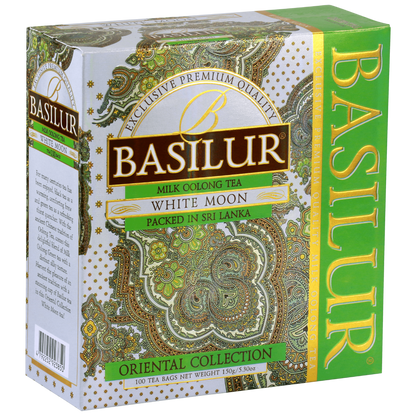Bok pudełka Basilur White Moon – herbata z kolekcji Oriental Collection, mleczna oolong premium.