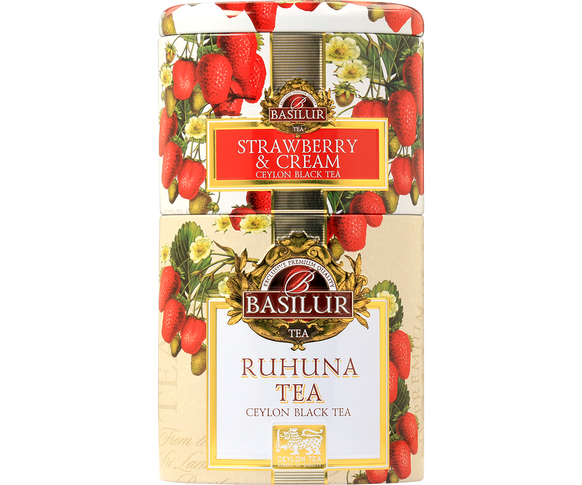 Opakowanie Basilur Strawberry & Cream i Ruhuna Tea, herbata cejlońska w puszce.