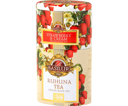 Puszka Basilur Strawberry & Cream oraz Ruhuna Tea z ozdobnym motywem truskawek.