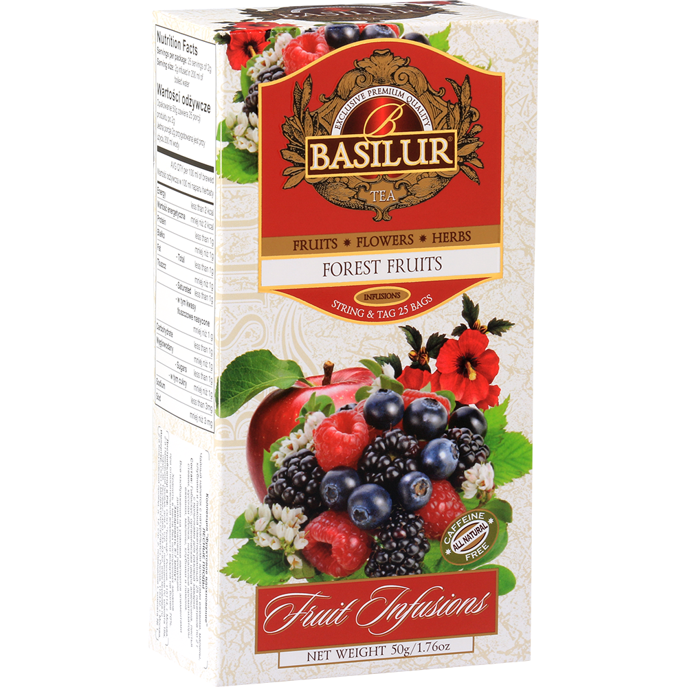 Herbata Basilur Forest Fruits – opakowanie z motywem malin, jeżyn i borówek.