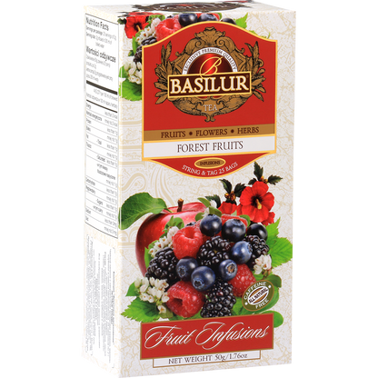 Herbata Basilur Forest Fruits – opakowanie z motywem malin, jeżyn i borówek.