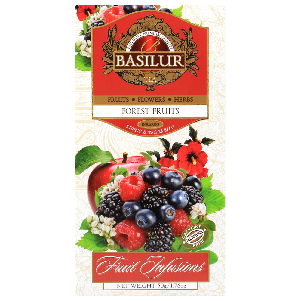 Front opakowania Basilur Forest Fruits z napisem Fruit Infusions i naturalnymi owocami.