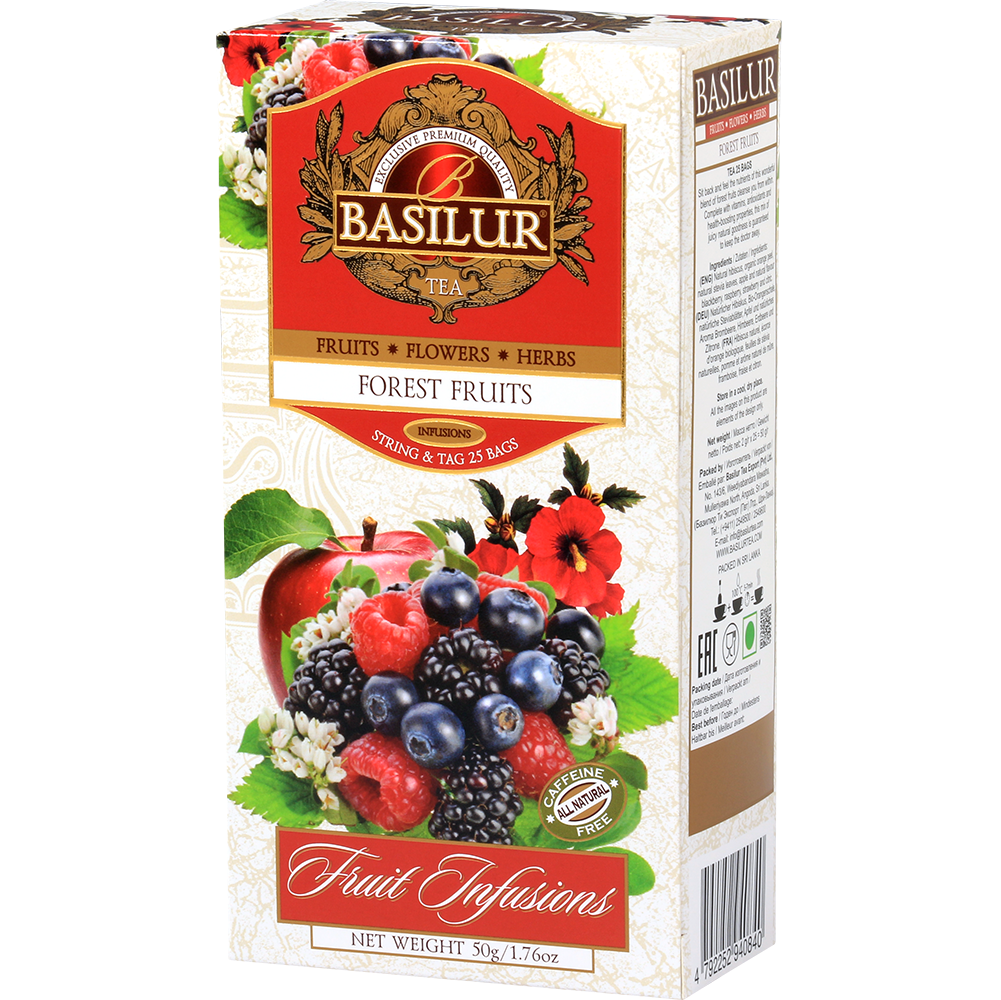 Herbata Basilur Forest Fruits w kartonowym pudełku – 25 torebek o owocowym aromacie.
