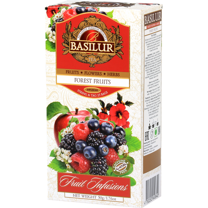 Herbata Basilur Forest Fruits w kartonowym pudełku – 25 torebek o owocowym aromacie.