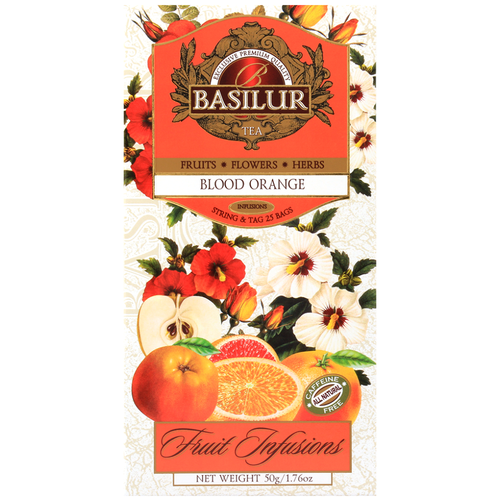 Front pudełka Basilur Blood Orange z grafiką owoców i napisem Fruit Infusions.