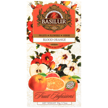 Front pudełka Basilur Blood Orange z grafiką owoców i napisem Fruit Infusions.