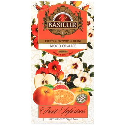 Front pudełka Basilur Blood Orange z grafiką owoców i napisem Fruit Infusions.