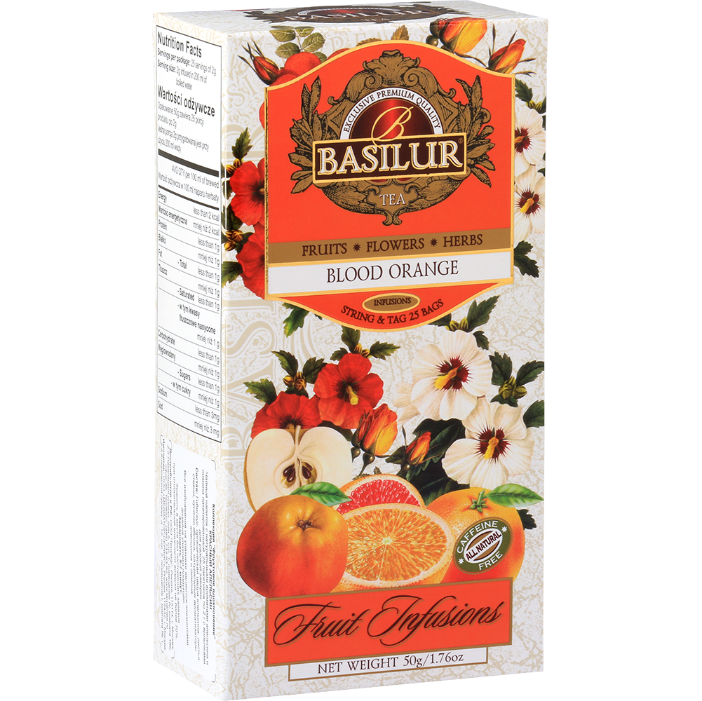 Herbata Basilur Blood Orange – opakowanie z motywem pomarańczy i hibiskusa.