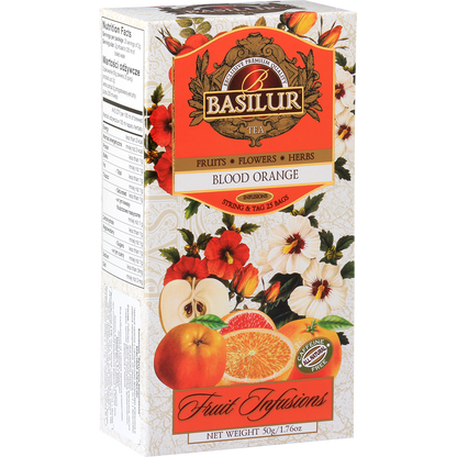 Herbata Basilur Blood Orange – opakowanie z motywem pomarańczy i hibiskusa.