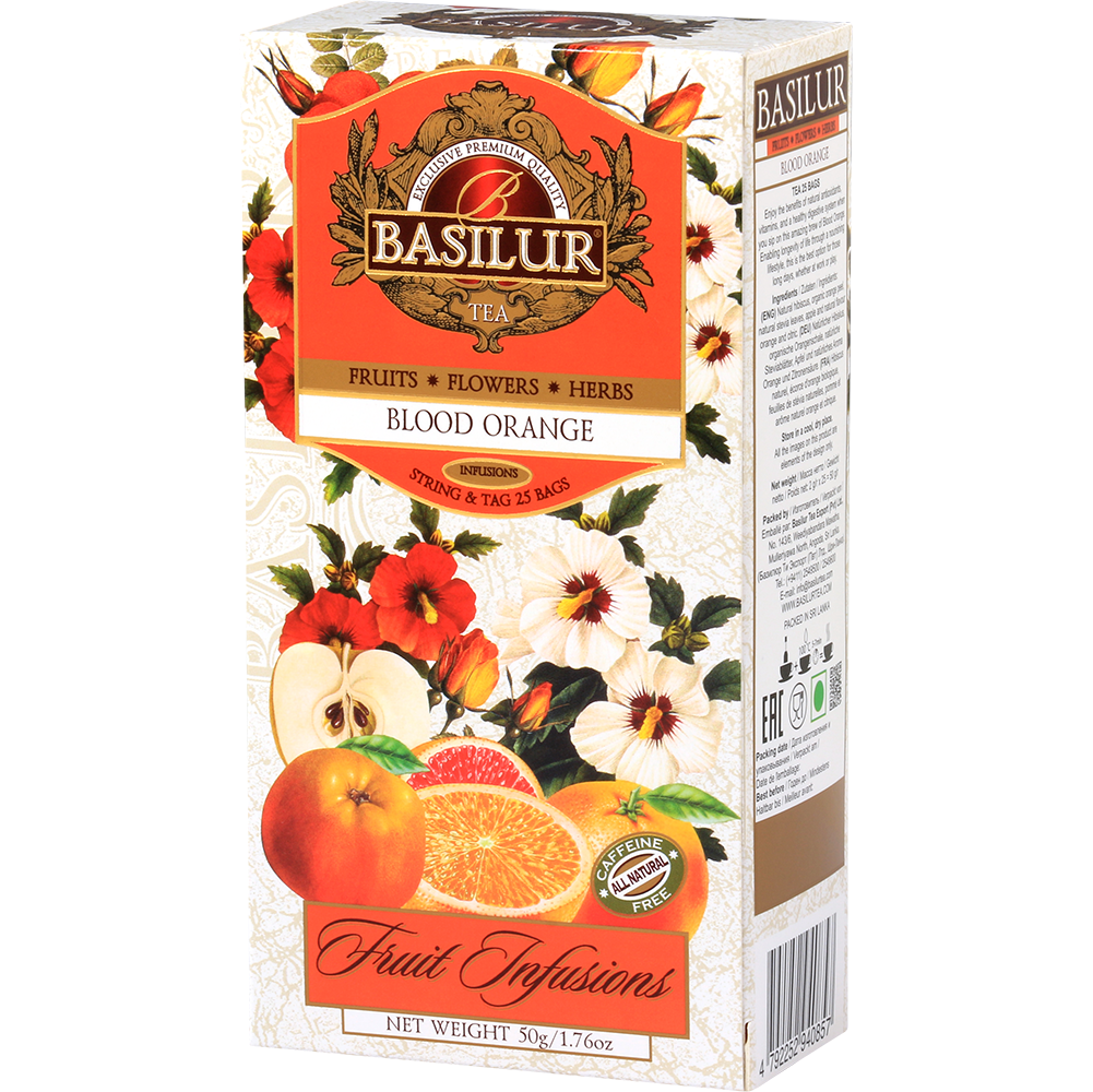 Kartonowe opakowanie herbaty Basilur Blood Orange – 25 torebek o cytrusowym aromacie.