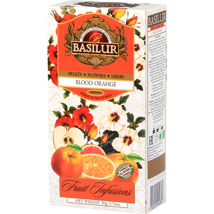 Kartonowe opakowanie herbaty Basilur Blood Orange – 25 torebek o cytrusowym aromacie.