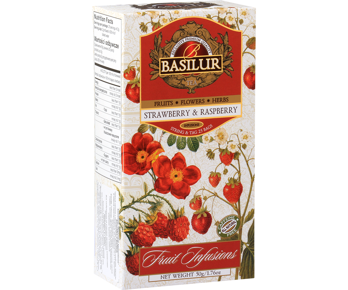 Herbata owocowa Basilur Strawberry & Raspberry w pudełku, aromatyczna mieszanka truskawki i maliny.