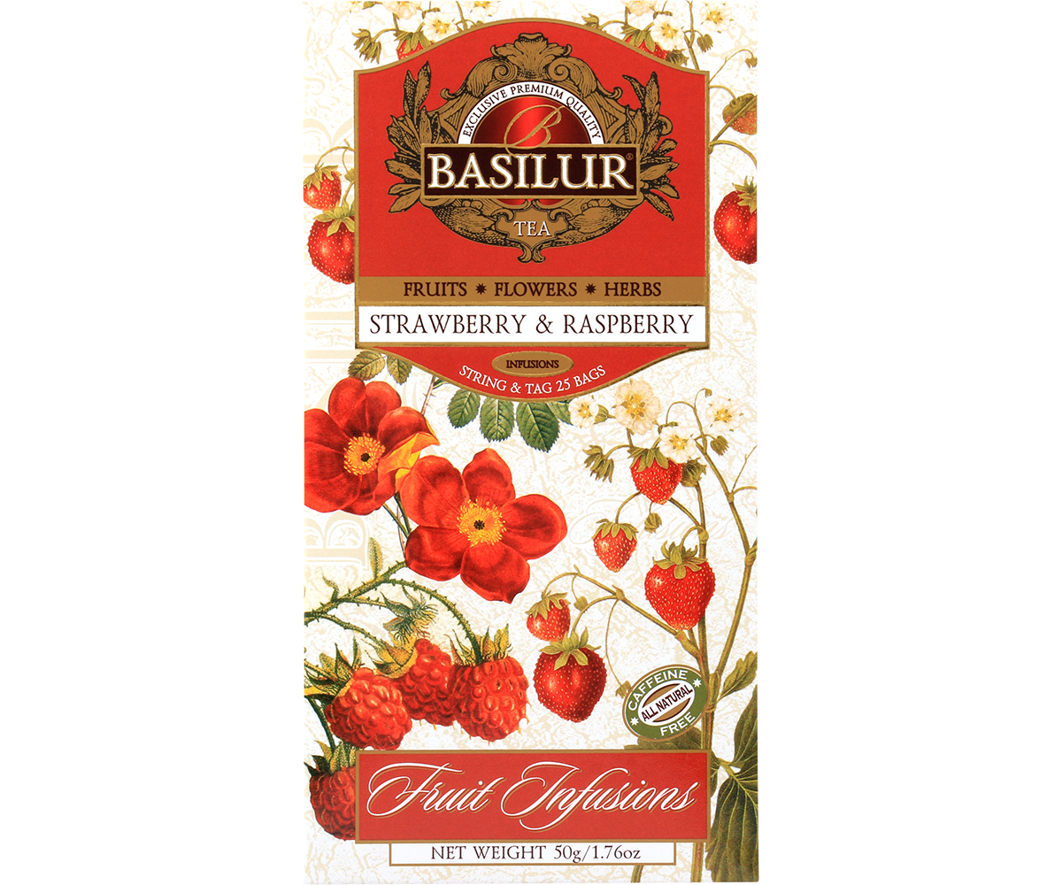Opakowanie herbaty Basilur Strawberry & Raspberry z ilustracjami malin i truskawek, herbata bez kofeiny.