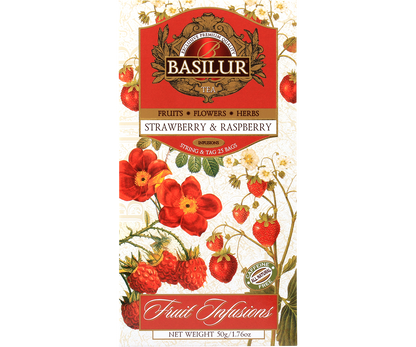 Opakowanie herbaty Basilur Strawberry & Raspberry z ilustracjami malin i truskawek, herbata bez kofeiny.