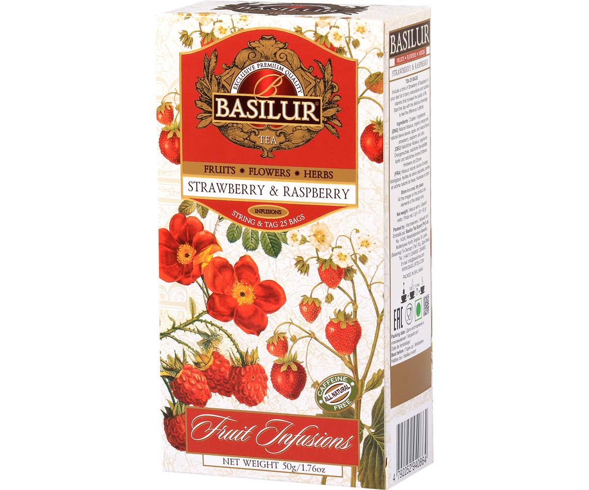 Bok opakowania Basilur Strawberry & Raspberry z informacjami odżywczymi i dekoracyjnym motywem owoców.