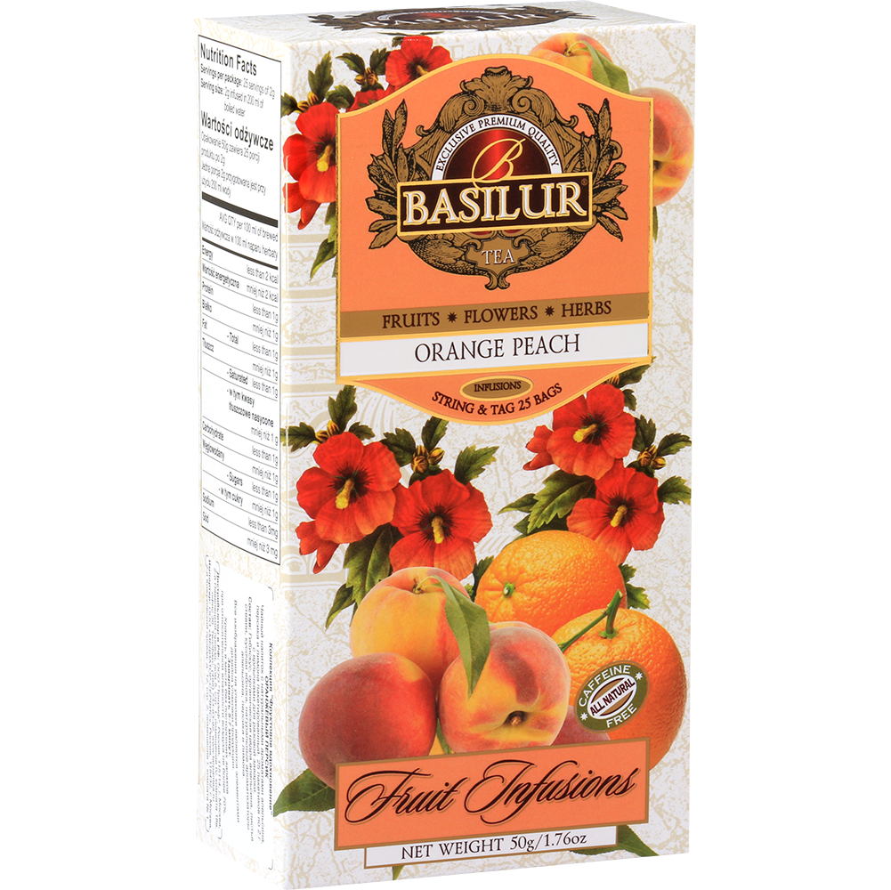 Herbata owocowa Basilur Orange Peach w eleganckim opakowaniu, połączenie pomarańczy i brzoskwini.