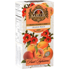 Herbata owocowa Basilur Orange Peach w eleganckim opakowaniu, połączenie pomarańczy i brzoskwini.