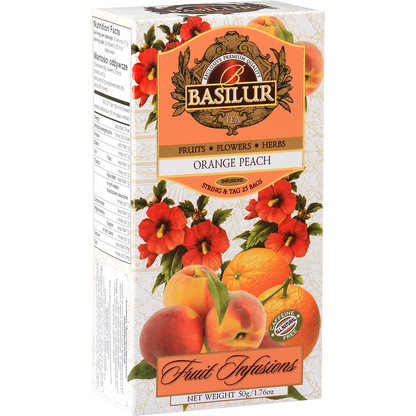 Herbata owocowa Basilur Orange Peach w eleganckim opakowaniu, połączenie pomarańczy i brzoskwini.