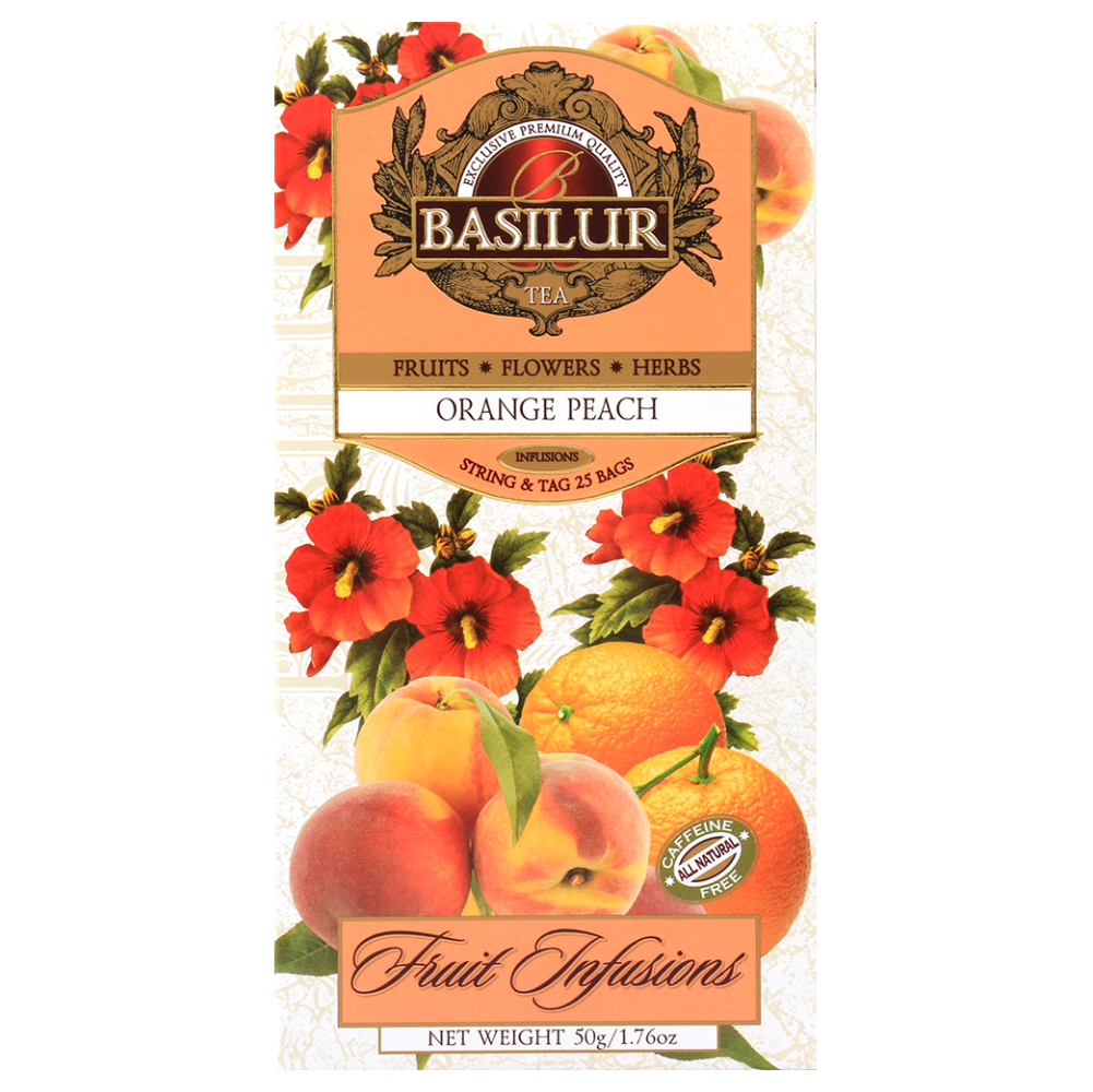 Opakowanie herbaty Basilur Orange Peach z ilustracjami owoców i kwiatów, naturalna herbata bez kofeiny.